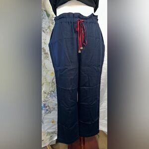 DKNY Pants Women's Size 14 Navy Blue with Red Drawstring metal tab Linen Wideleg